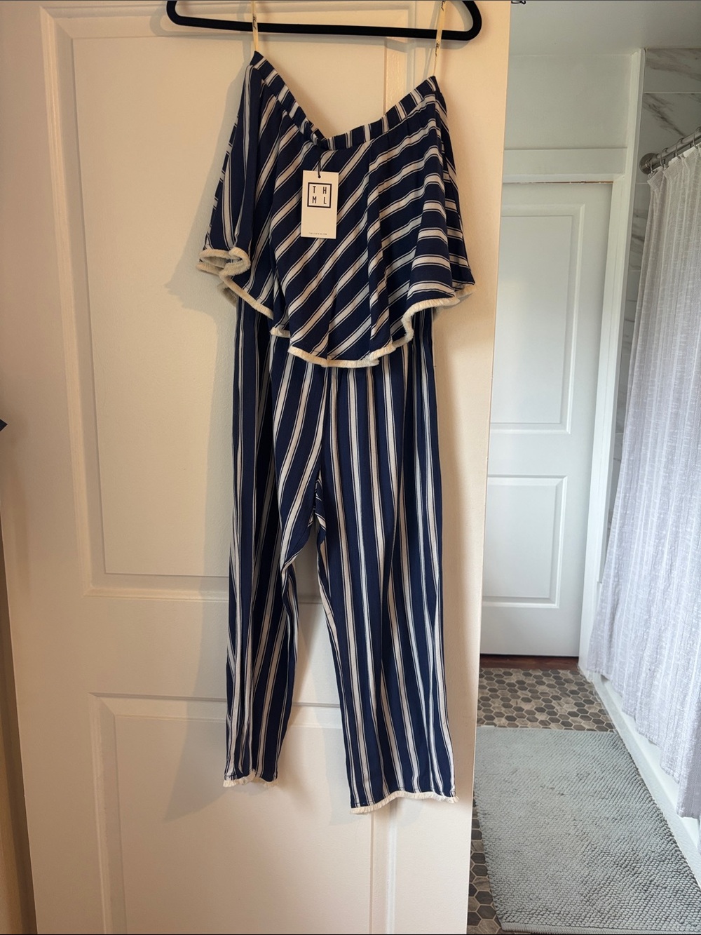 Striped Navy and White Sleeveless Jumpsuit
